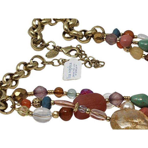 Lia Sophia Tigers Eye, Quartz, Resin Beads Strand Necklace Antique Gold (18-21") - Picture 5 of 10